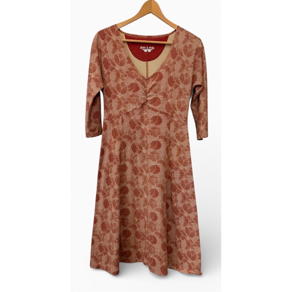 Women Royal Robbins‎ 3/4 Sleeve Dark Orange Leaf Print Cotton Blend V-Neck Dress